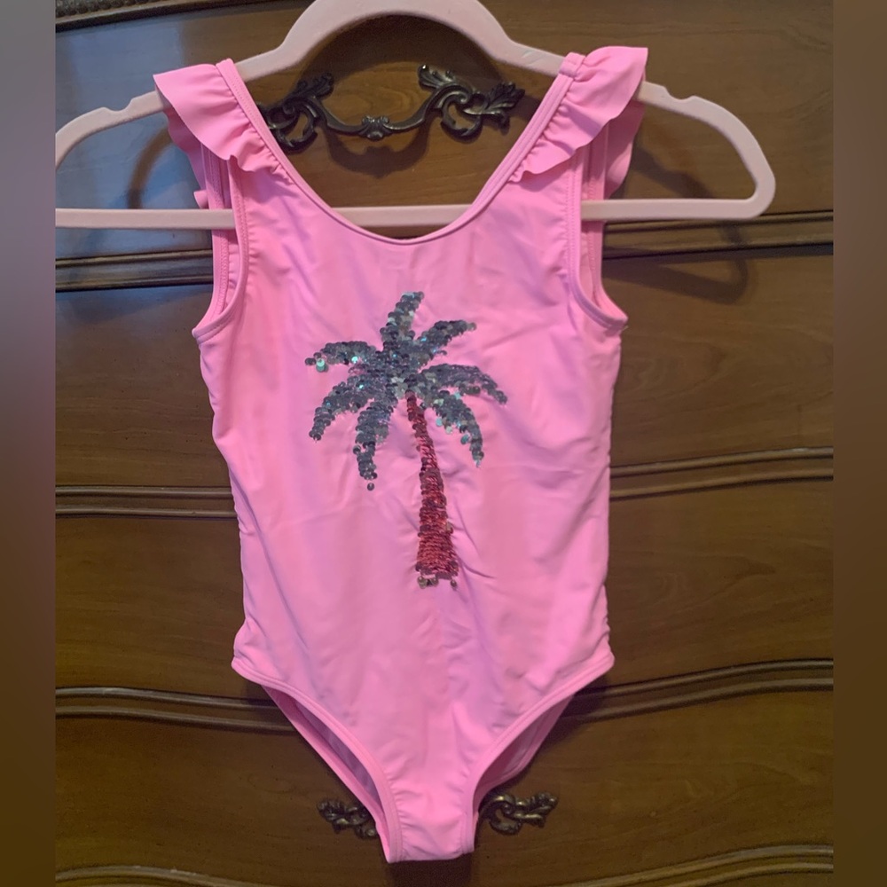 OSH KOSH Girls Size 7 Pink Flip Sequin Palm Tree One Piece swimsuit